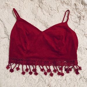 Burgundy Suede Crop Top with Lace Fringe